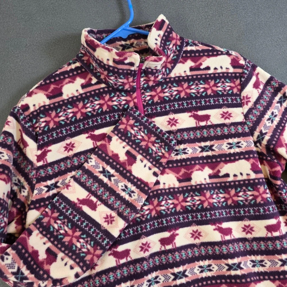 Lands End Girls M 10-12 Fleece Quarter Zip Dress Purple Fair Isle Polar Bear